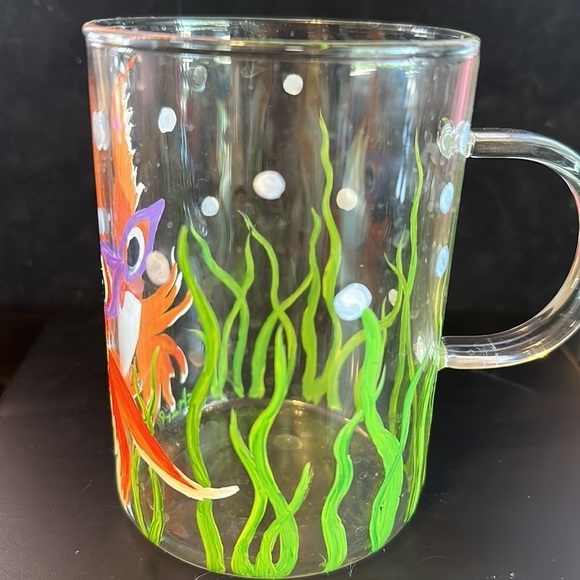 Hand Painted Goldfish with Glasses Clear Glass Coffee Tea Mug - Picture 2 of 4